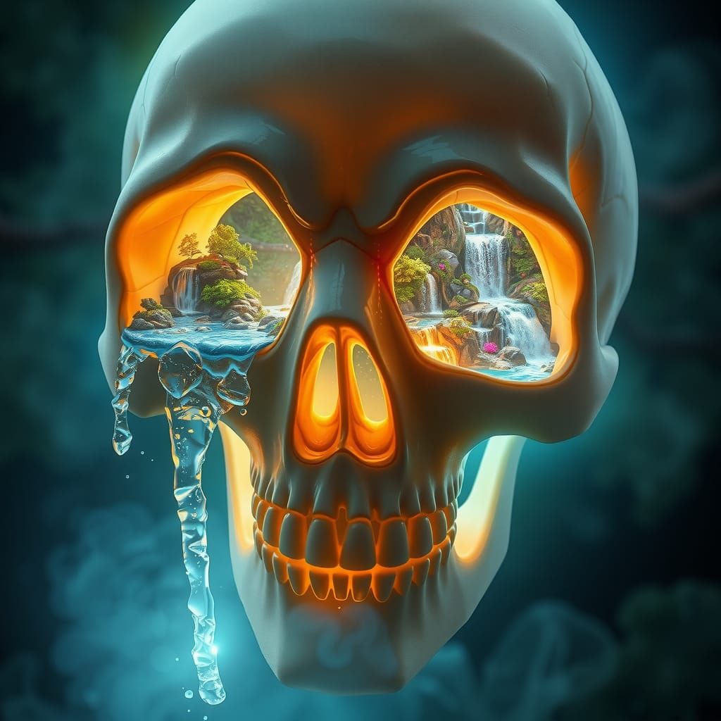 Ethereal Skull Waterfalls in Dreamlike Mysticism