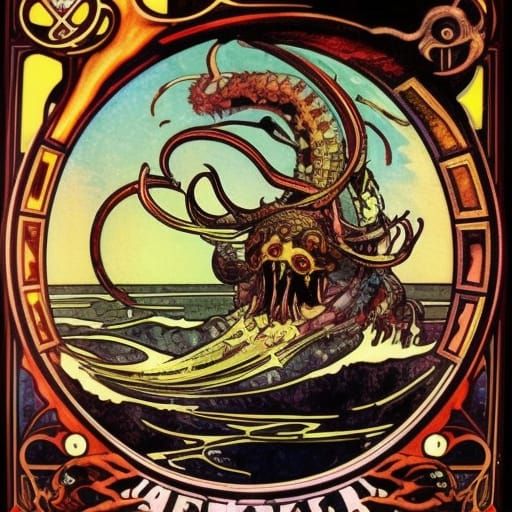 Kraken's Gory Attack on Ship in Art Nouveau Style
