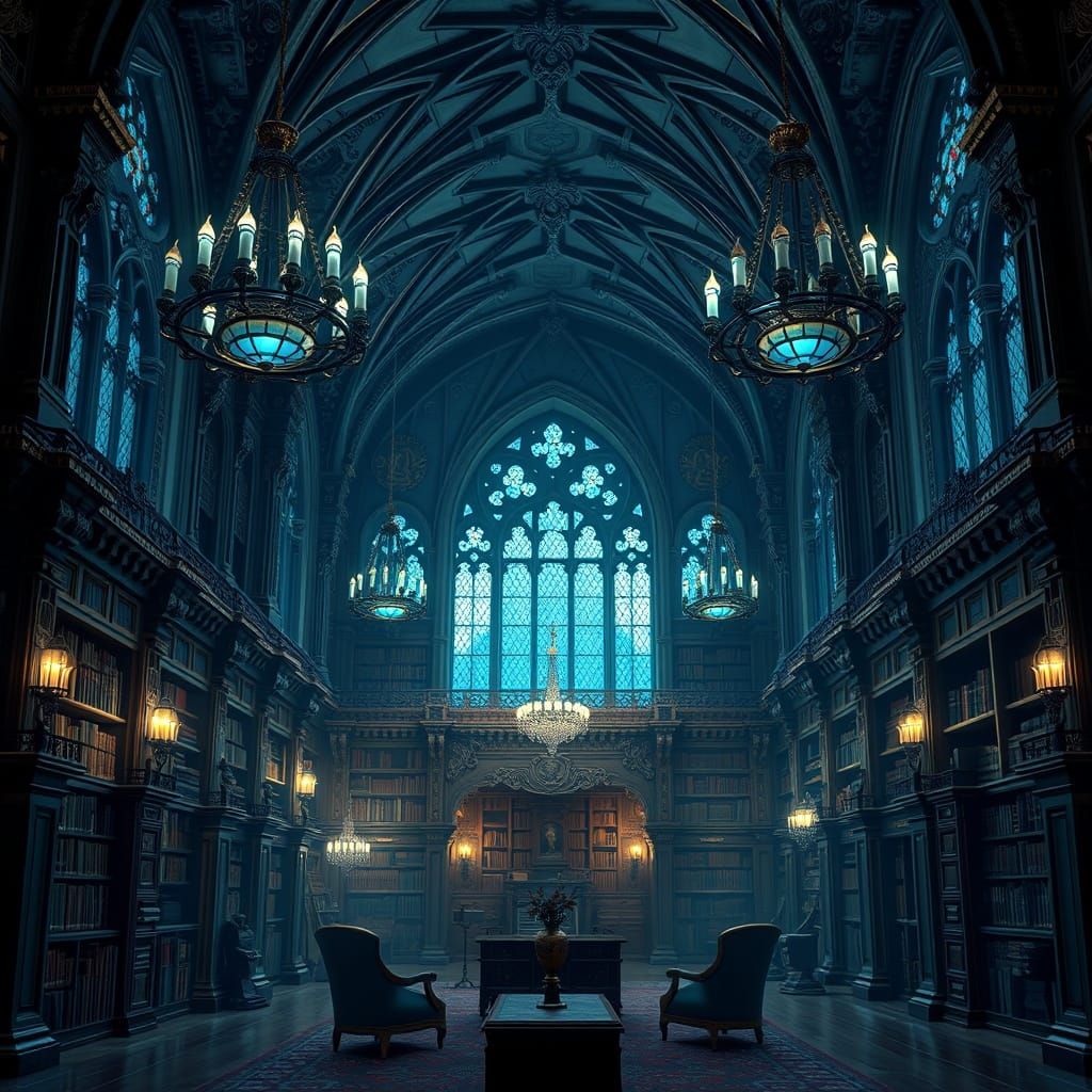 Gothic Library in 3D Anime Art Style