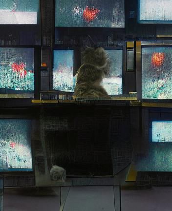 Cat Monitors CCTV Screens: Hyperrealistic Digital Painting