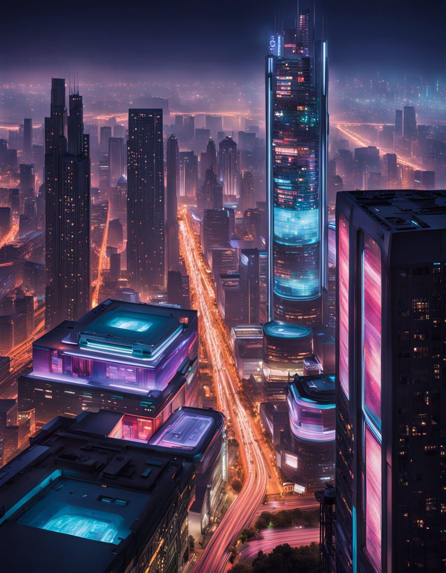 Vibrant Futuristic Cityscape at Night in Cyberpunk Style