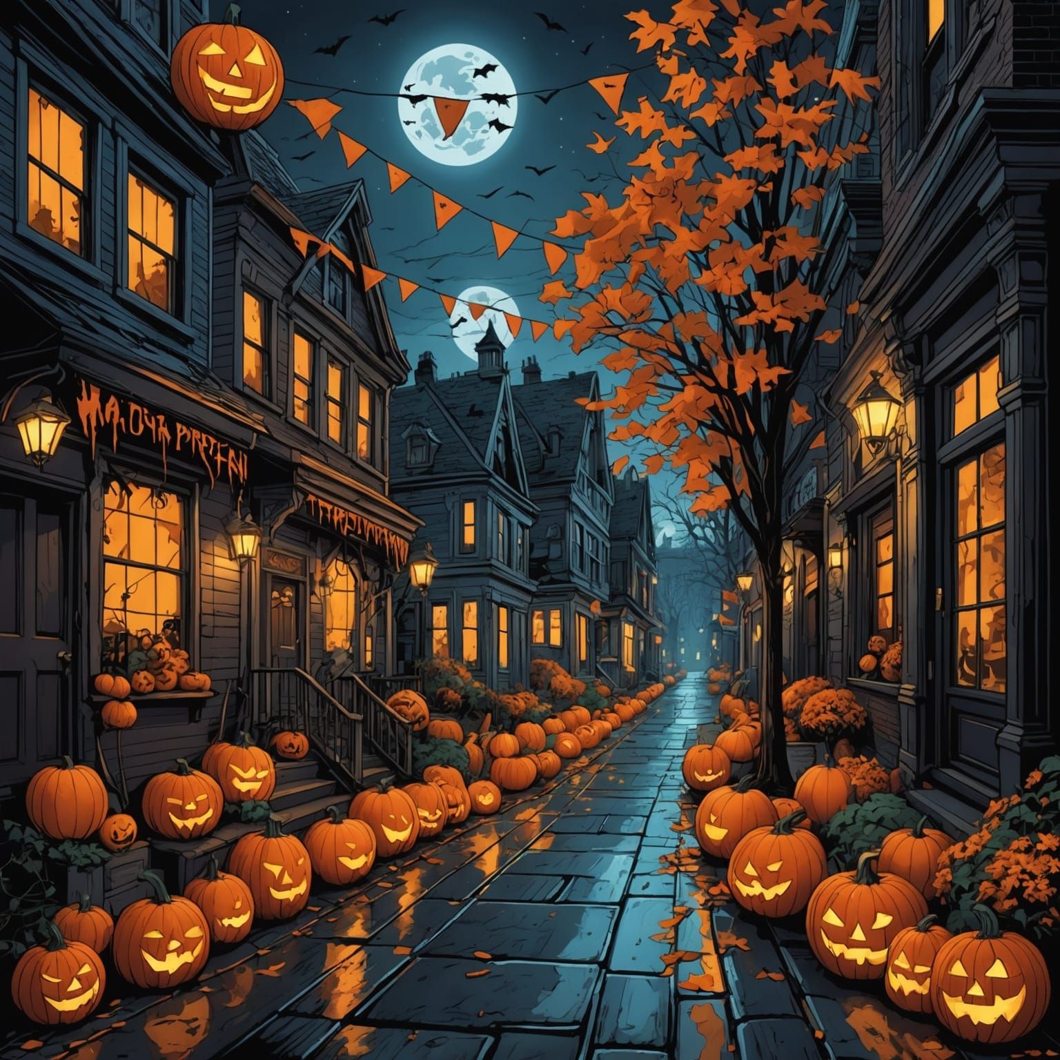 Halloween Street Scene in Comic Book Art Style