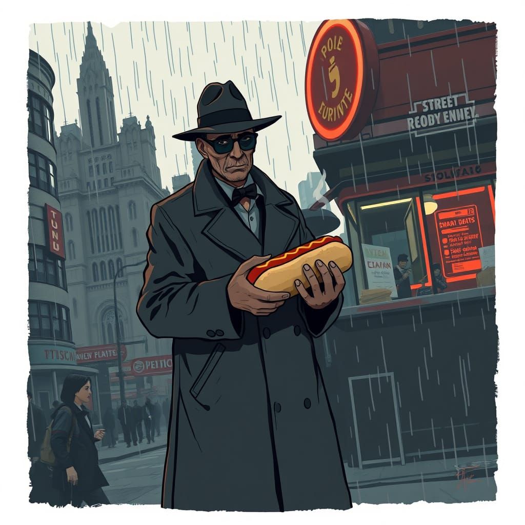 Noir Hotdog Vendor in Rainy Cityscape