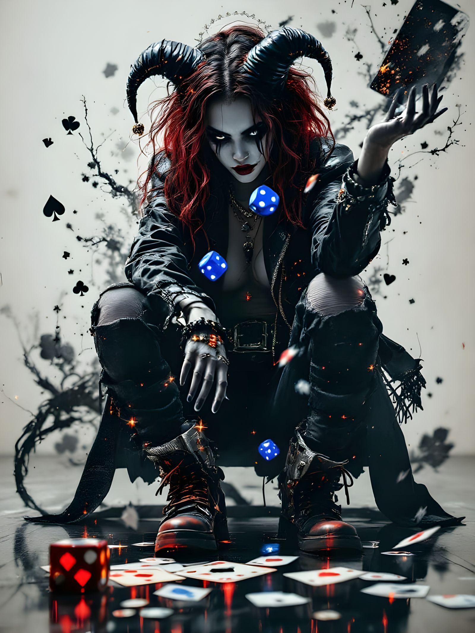 Jester Joker Girl Throws Dice in a Card Suit Maze