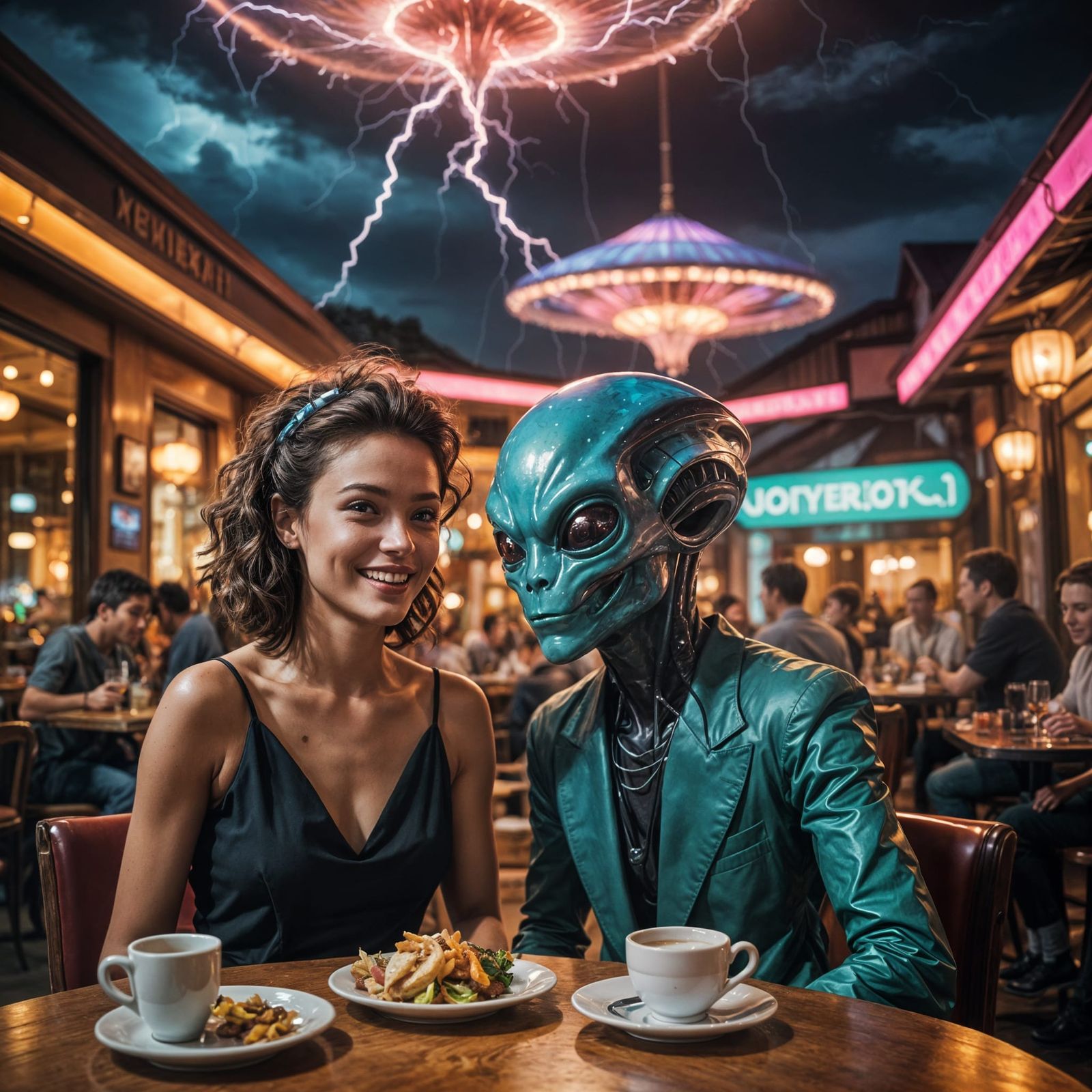 Alien and Human Romantic Date in Restaurant