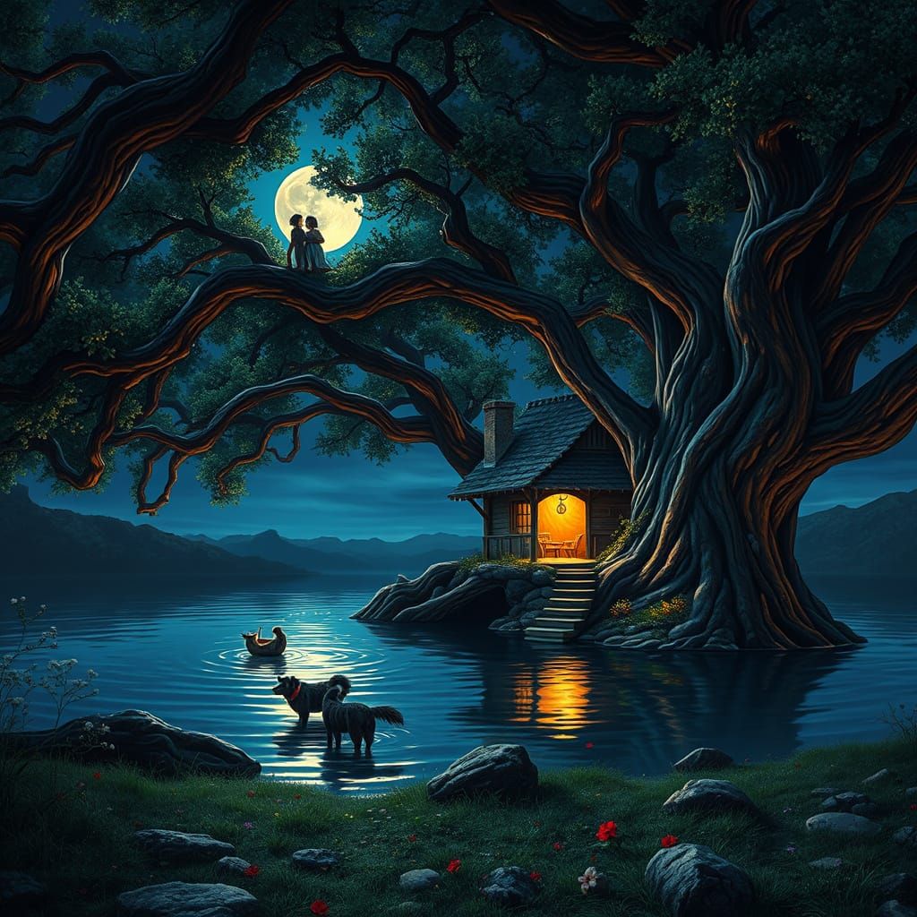 Children Play in Treehouse by Moonlit Lagoon