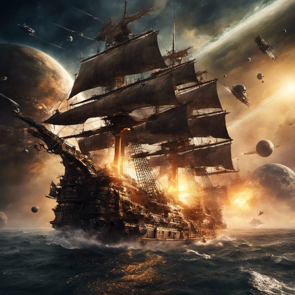 Pirate Rocket Ships Orbiting Saturn in Epic Battle
