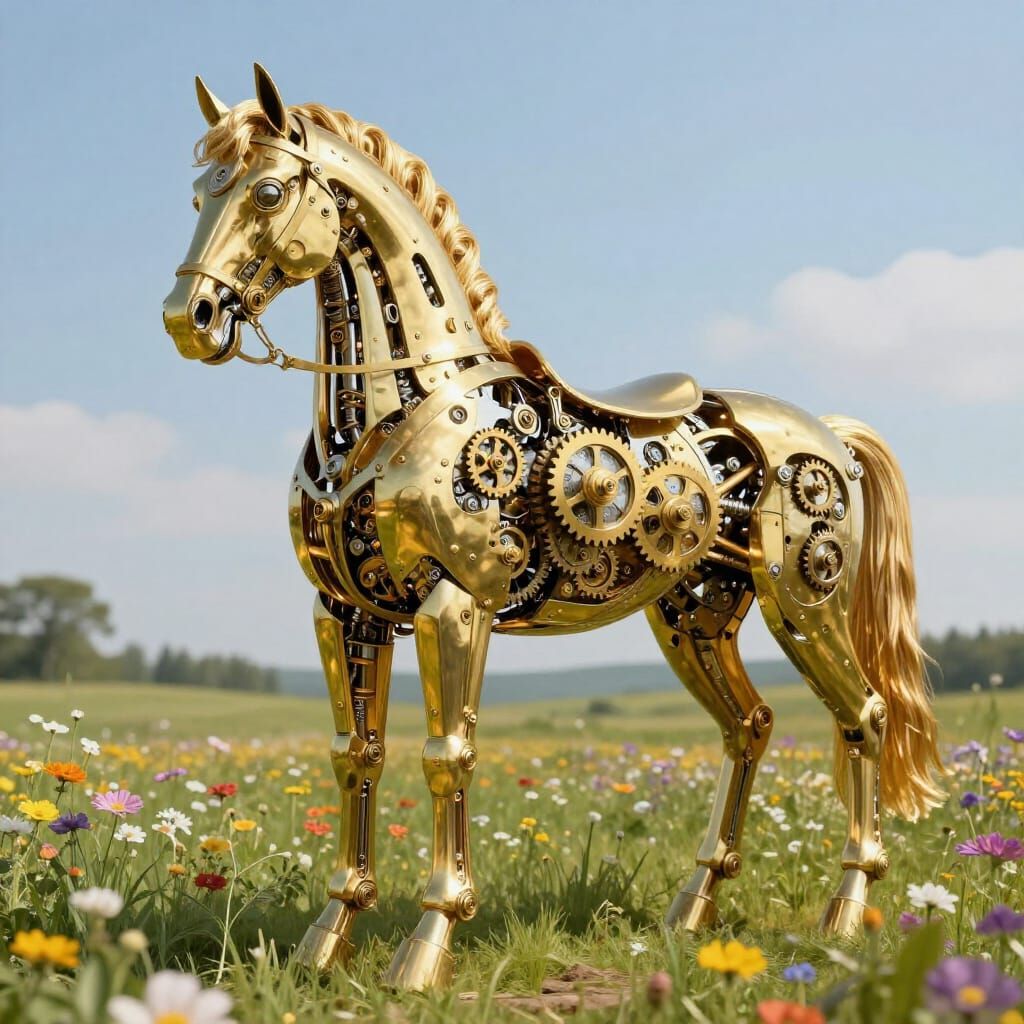Intricate Mechanical Horse in Sunlit Meadow