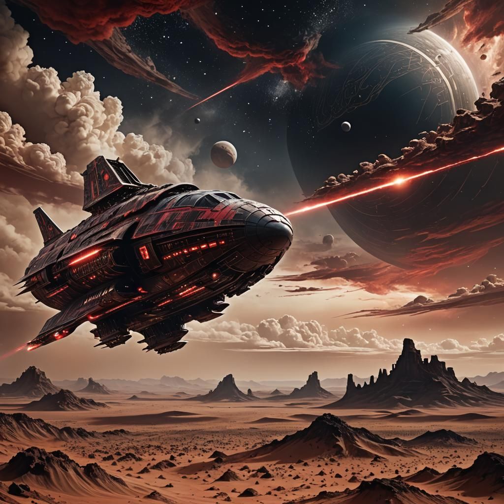 Cybernetic Spaceship over Arrakis-Inspired Desert Planet