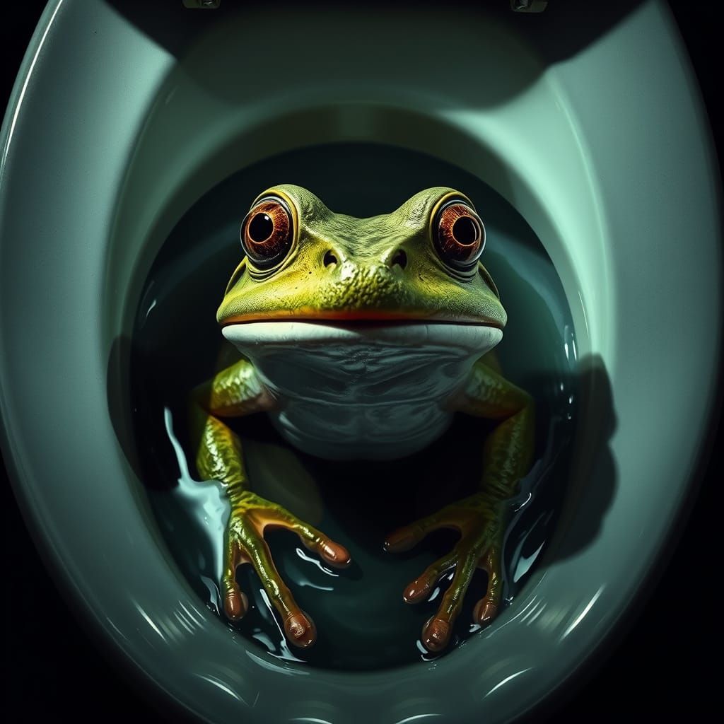 Terrified Frog in Toilet: Dark Realism