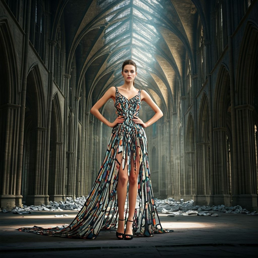 Fashion Model in Stained Glass Dress in Ruined Cathedral