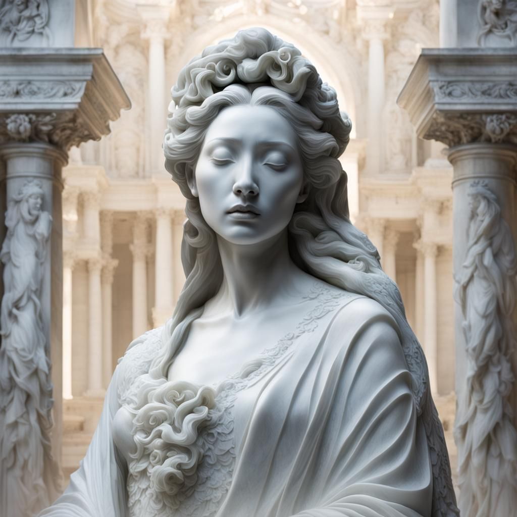 Concubine Sculpture in Marble Garden: Surreal Digital Art