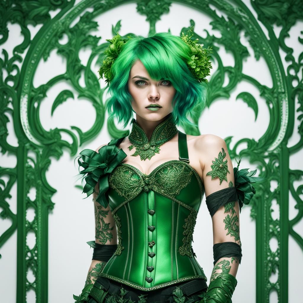 Hyperrealistic Green Fashion Portrait on White Background