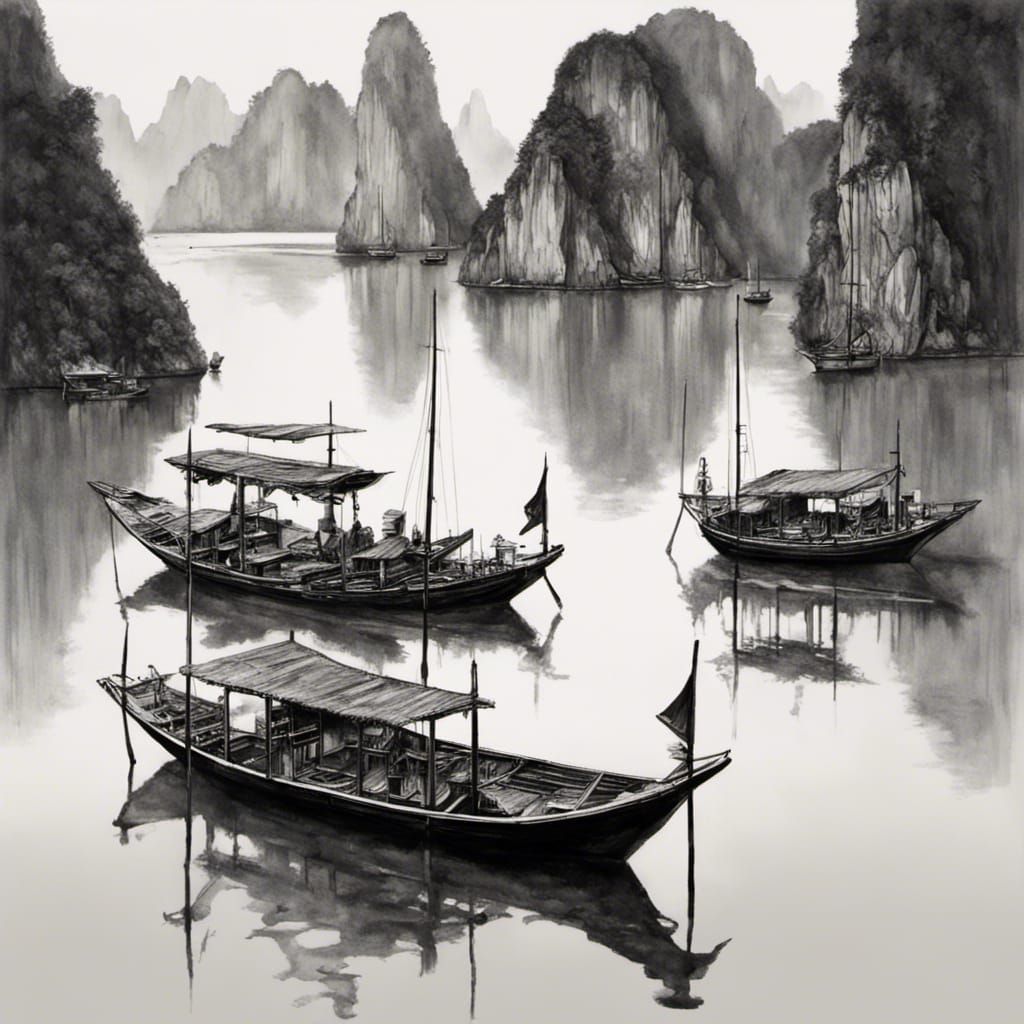 black and white ink oil painting of Ha Long Bay's emerald wa...