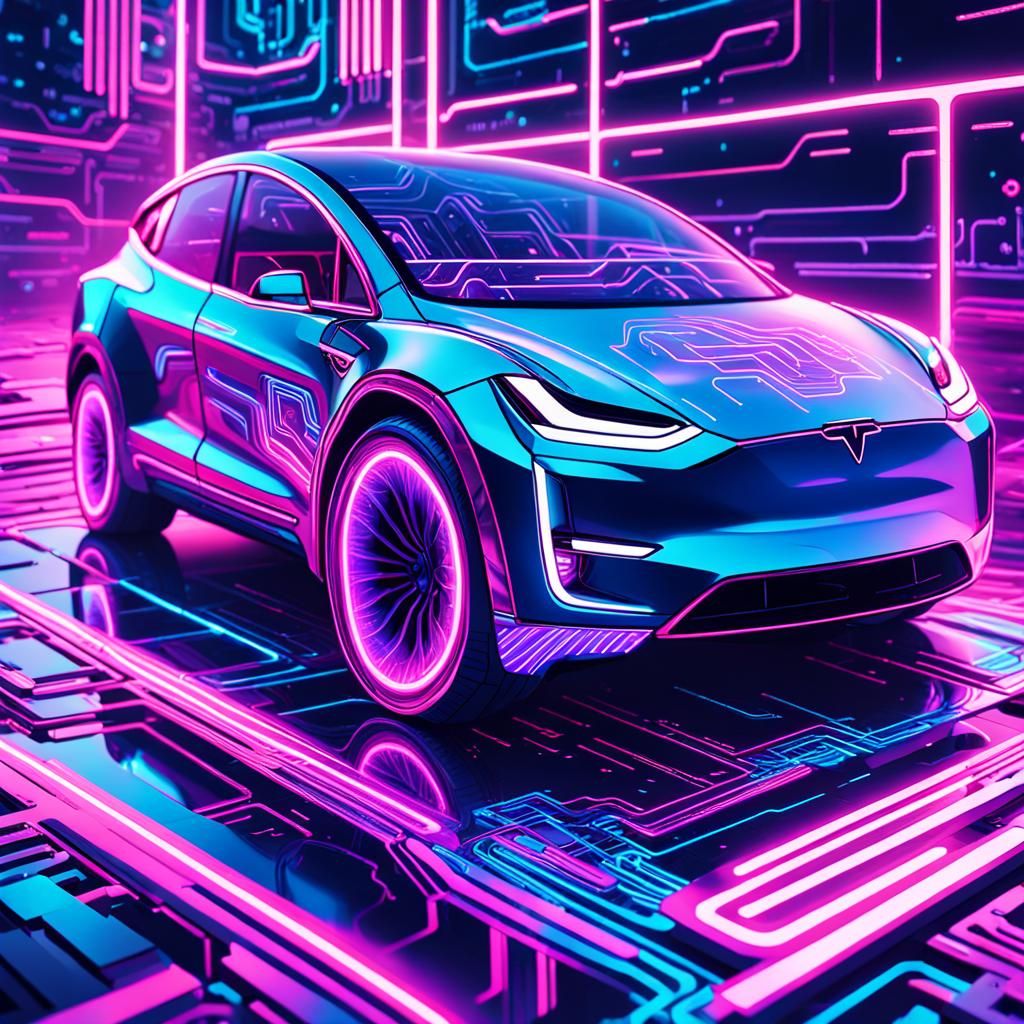 Tesla Cybertruck Surrounded by Neon Circuit in Cyberpunk Art