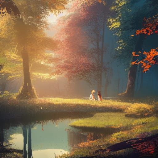 Autumn Forest Pond: Ghibli-Inspired Anime Art