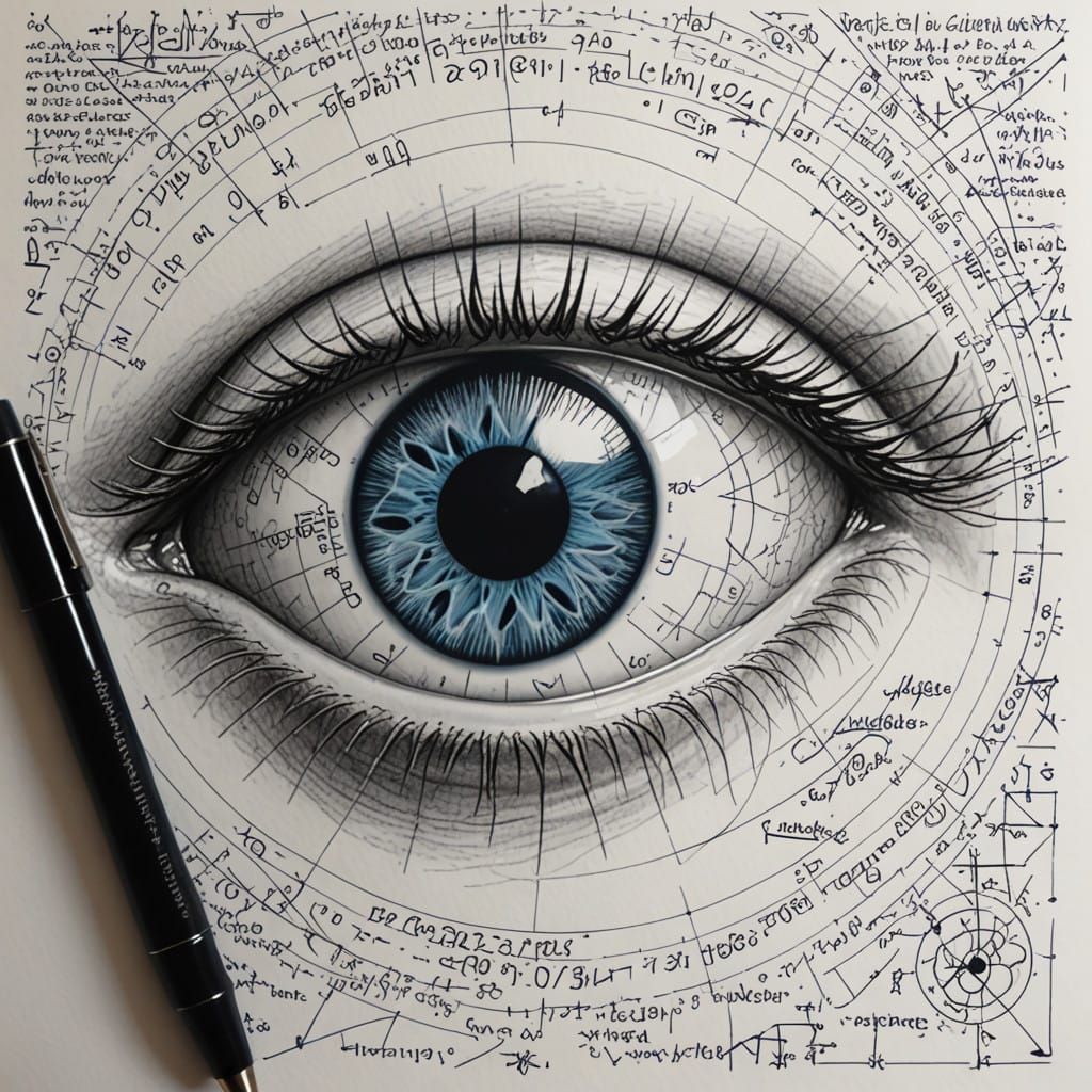 Blue Eye Surrounded by Mathematical Vortex in Pen Drawing