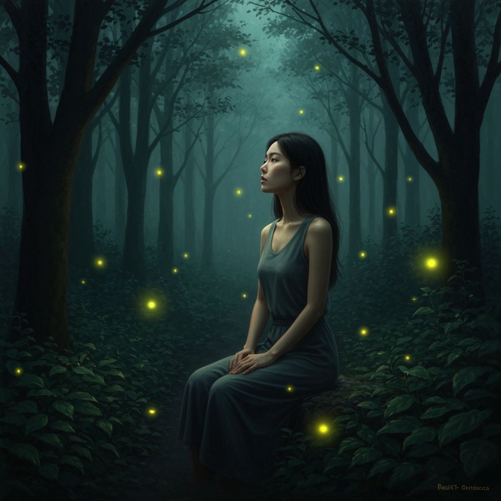 Asian Woman Illuminated by Fireflies in Dark Forest Oil Pain...