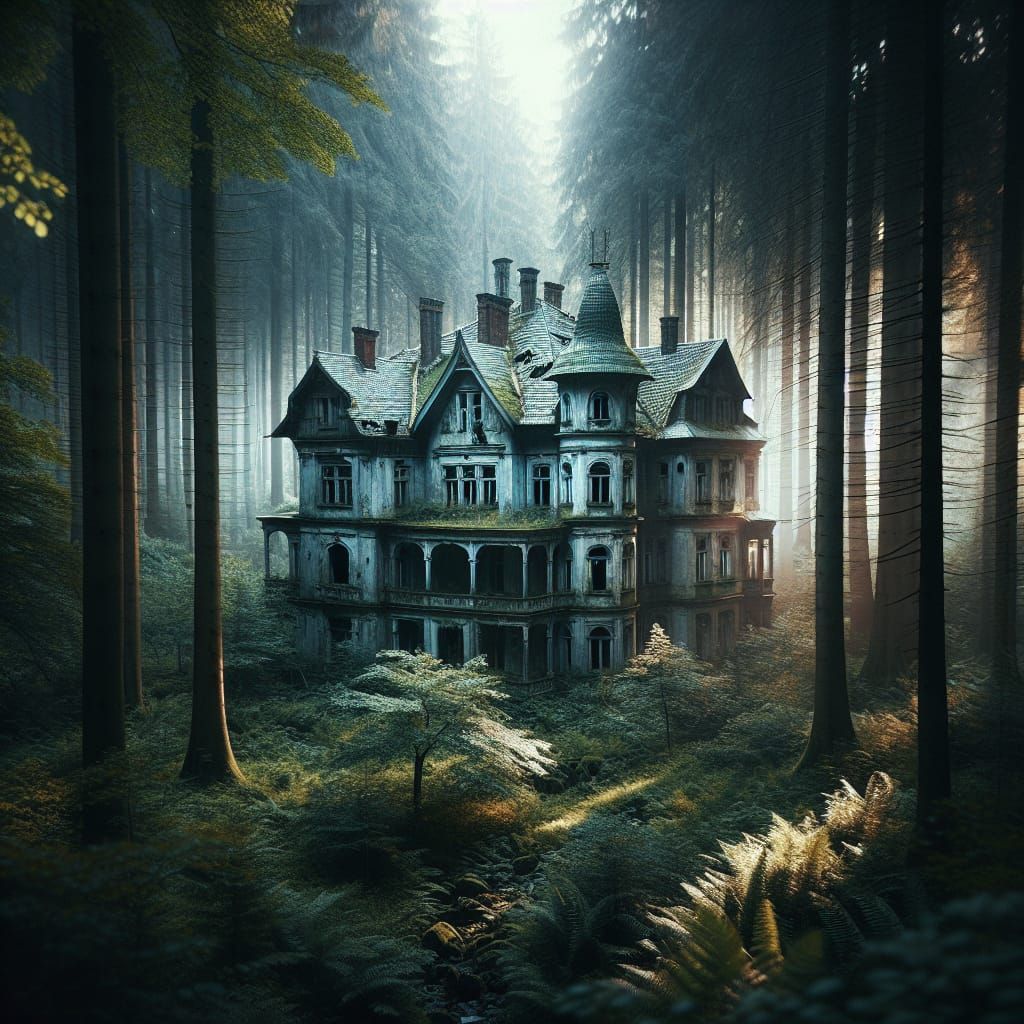 Eerie Decaying Mansion in Forest with Bokeh Effect