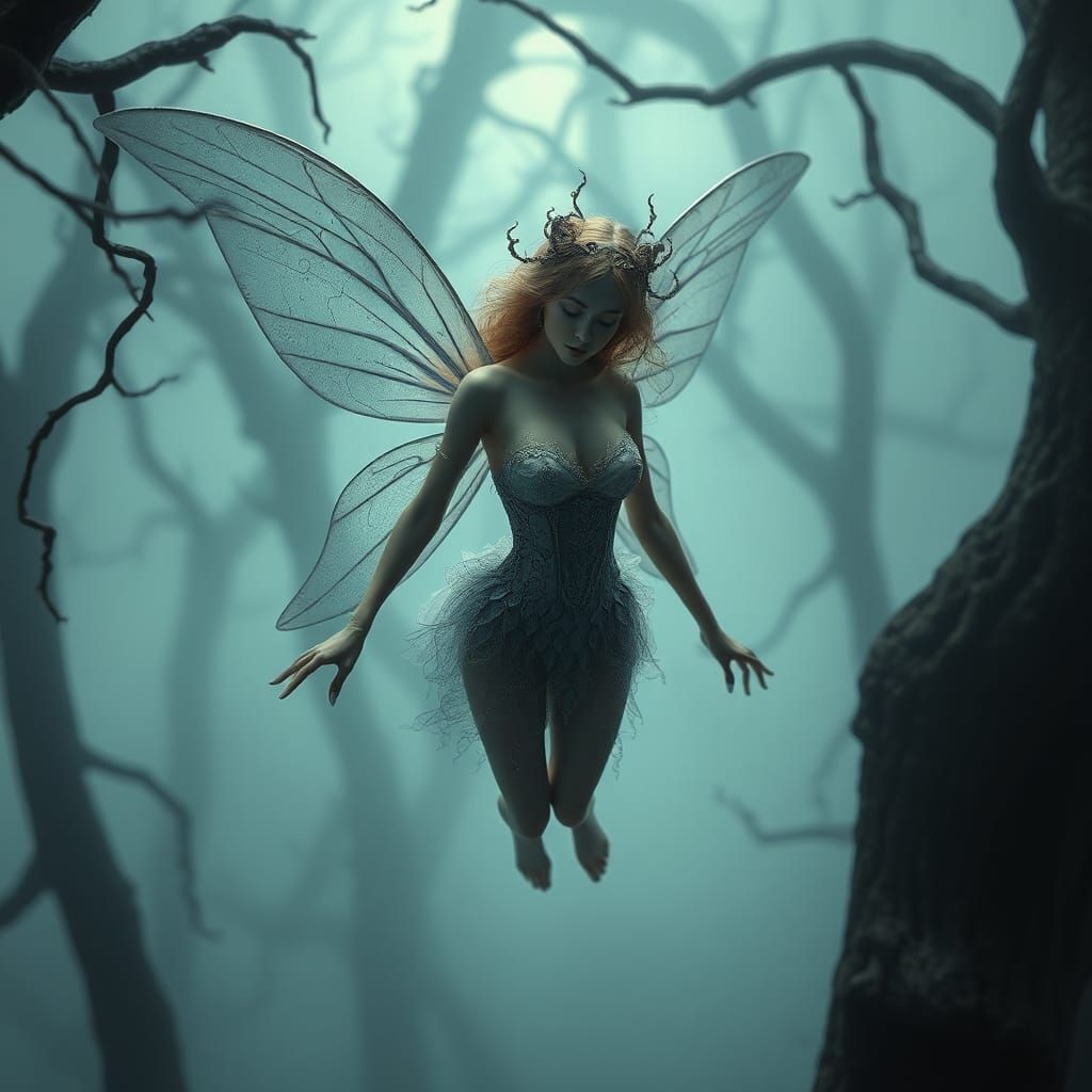 Ethereal Fairy in Haunted Forest, Hyperrealistic Art