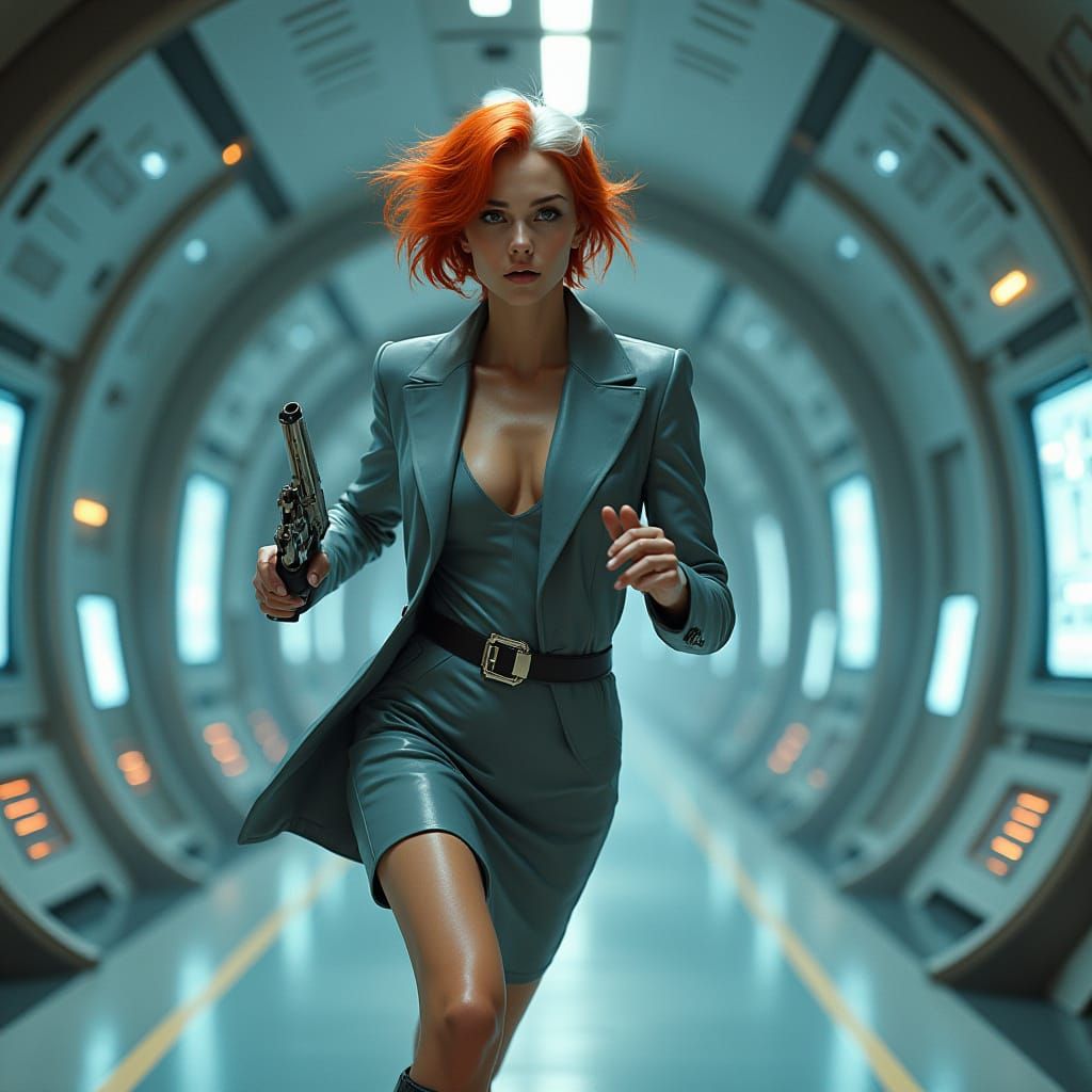 Cyberpunk Female Rebel Runs Down Futuristic Space Station Co...