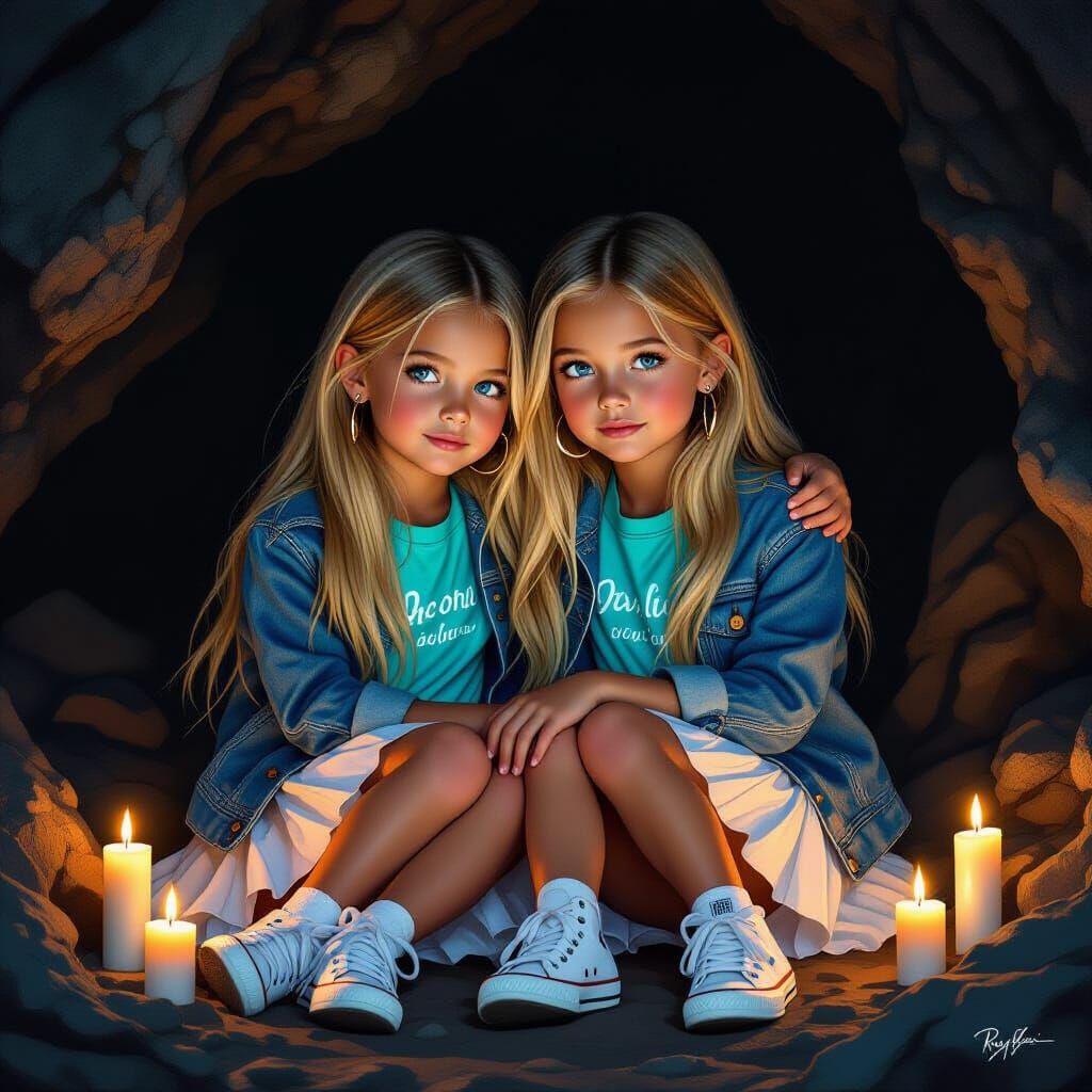 Two Girls in Dark Cave with Candles, Magical Realism Art