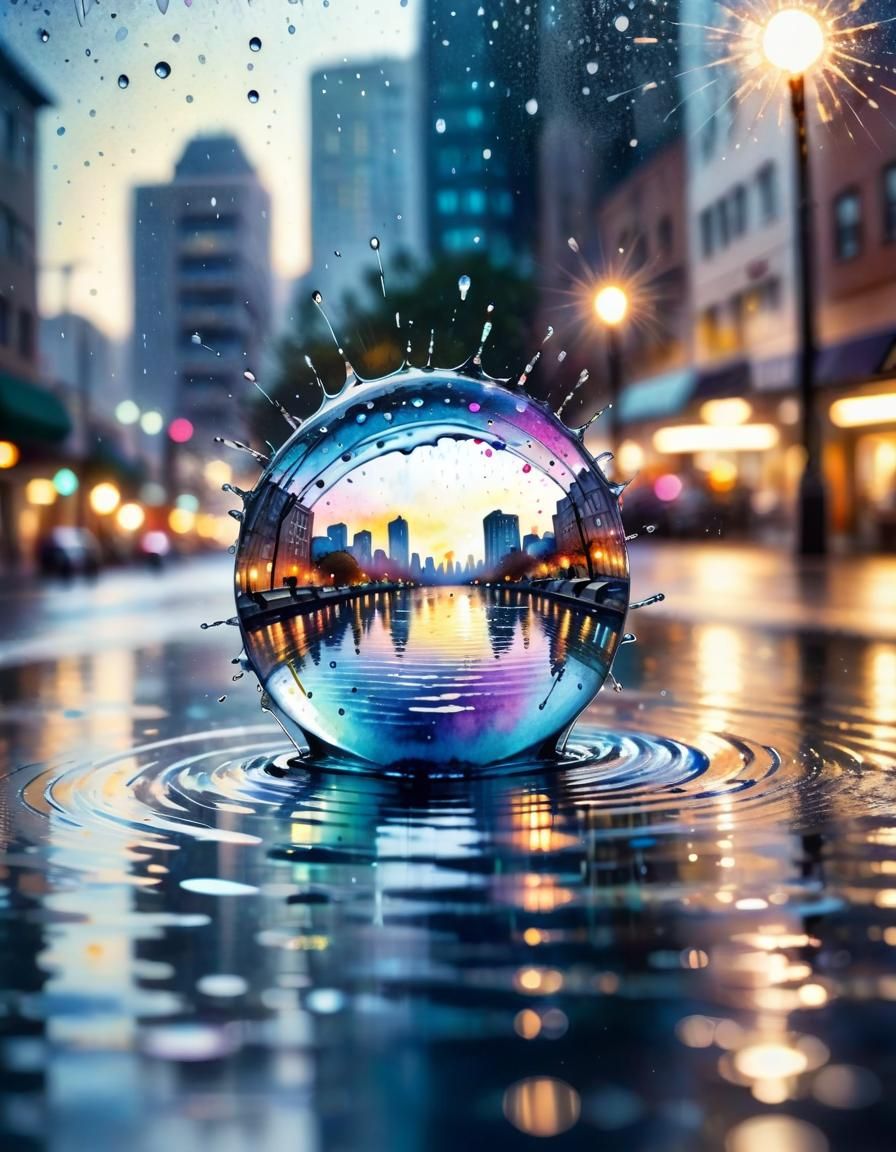 Cityscape in Water Droplet: Watercolour Illustration