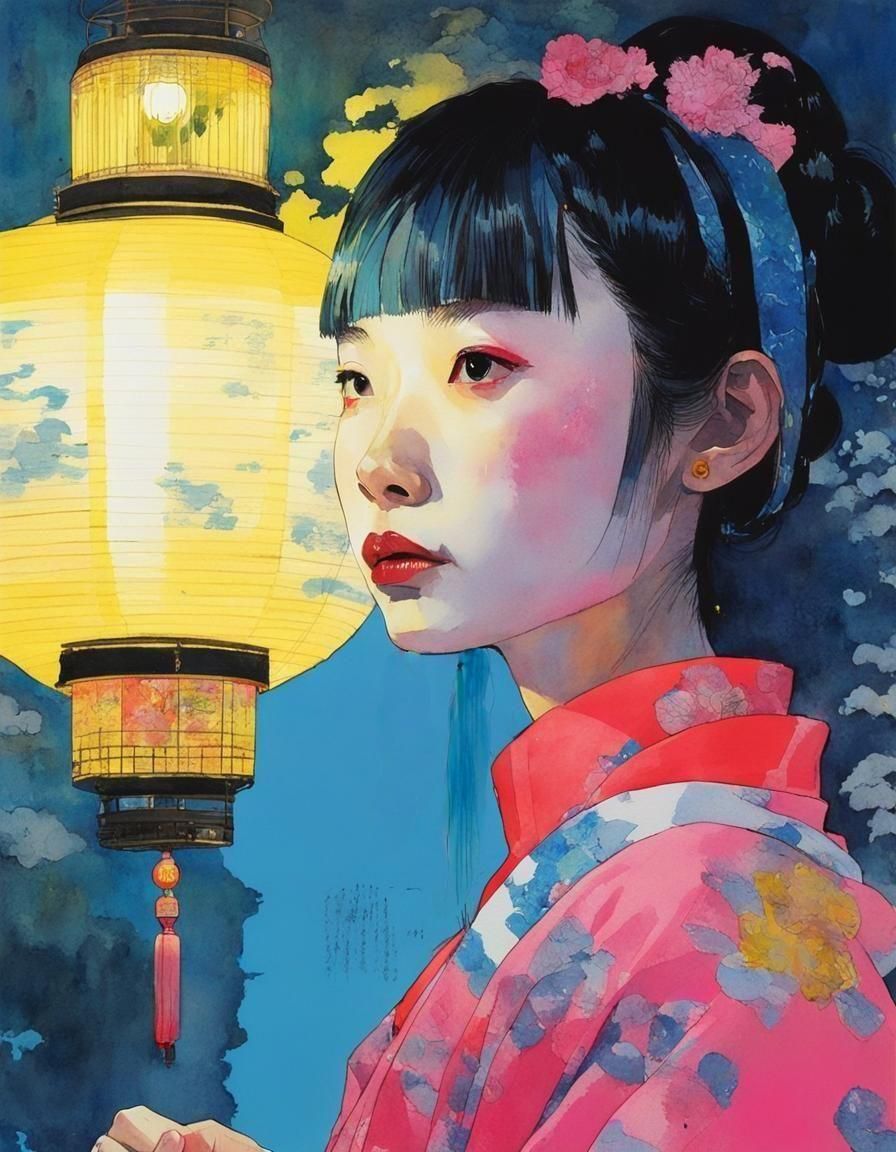 Ukiyo-e Alice in Watercolor with Neon Lights