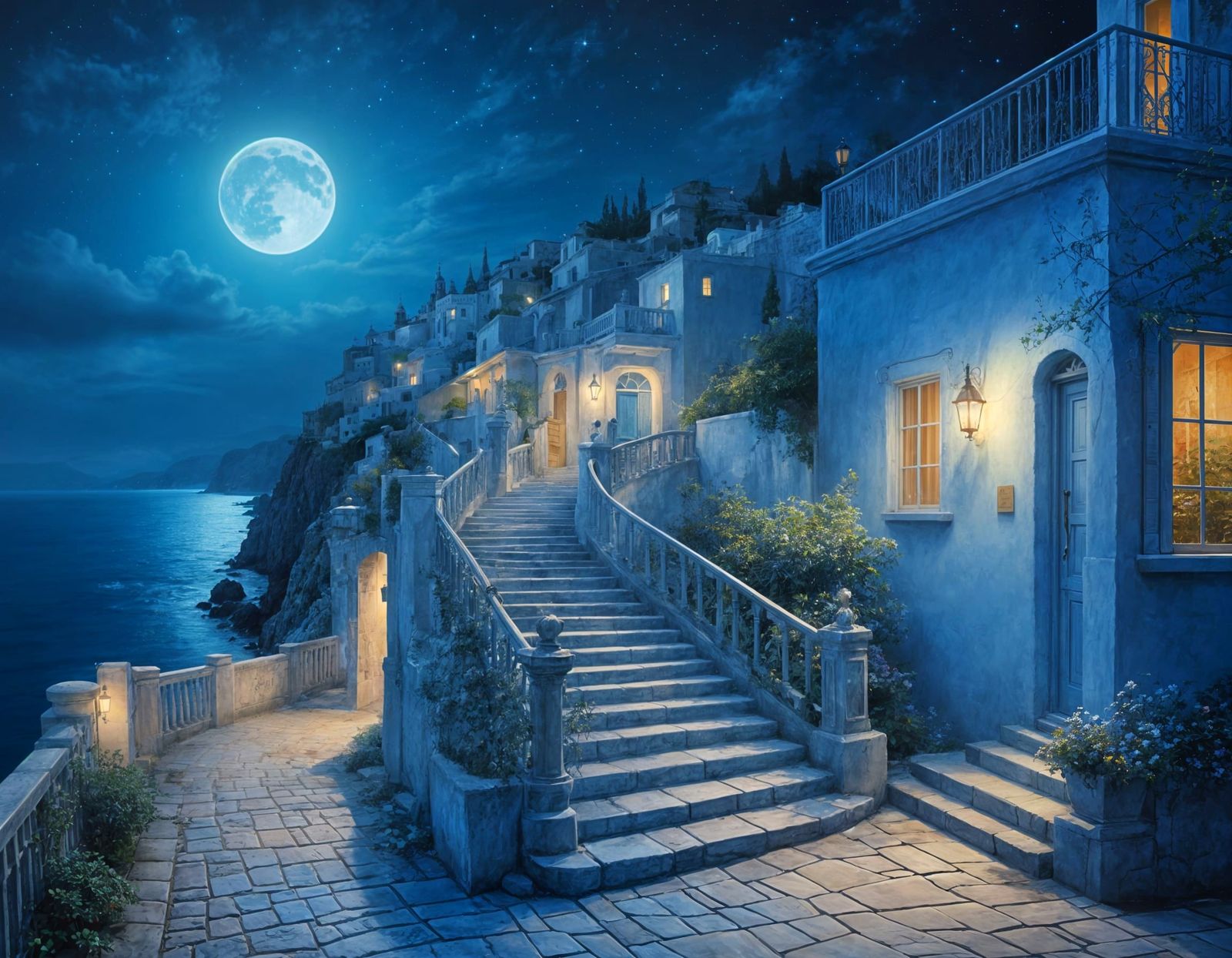 Ethereal Blue Dreamscape with Starry Moon