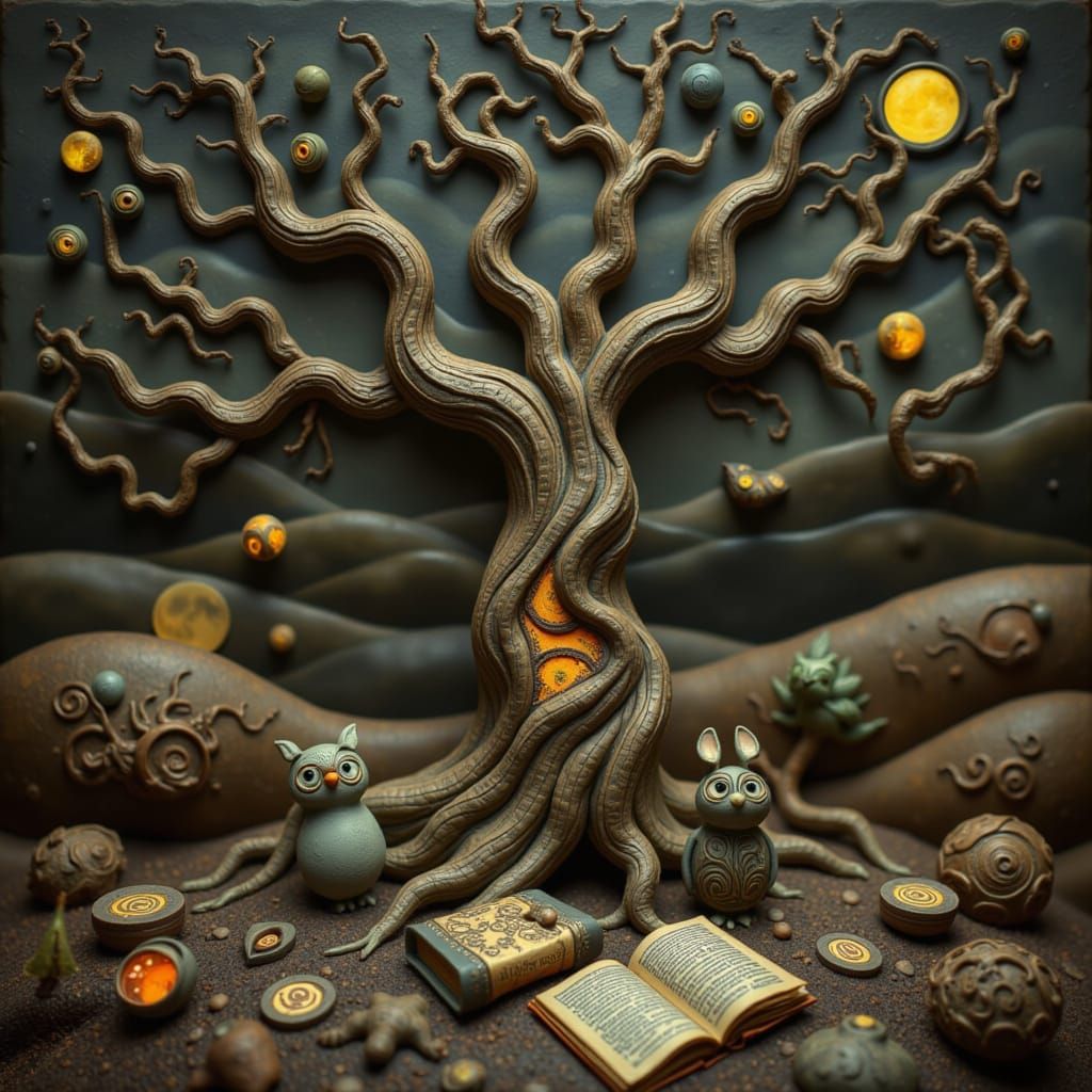 Clay Story-Tree Library with Reading Animals and Runes