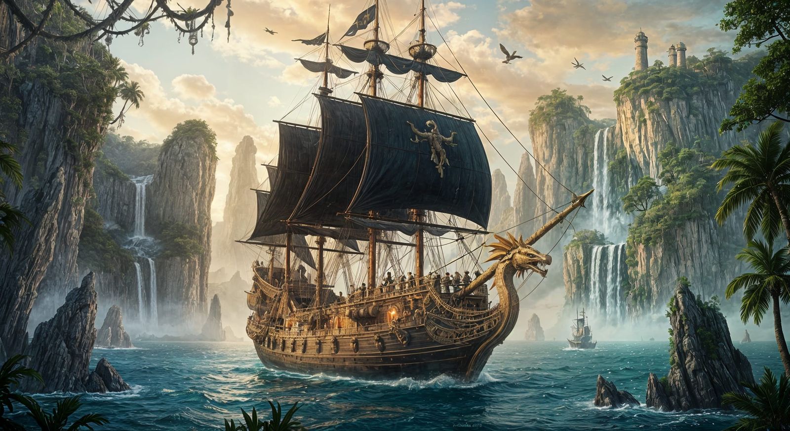 Pirate Galleon Navigates Tropical Shoals in Painterly Style