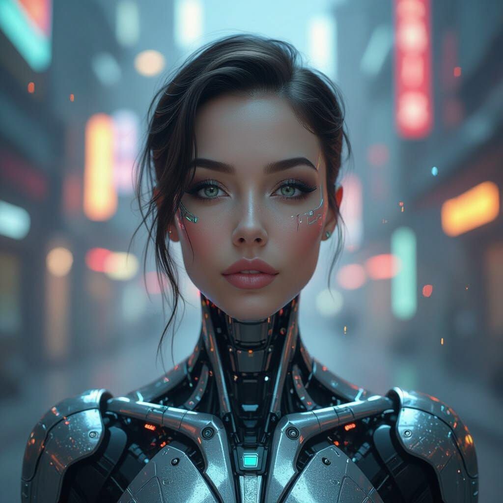 Androgynous Cyborg in Hyperrealistic Biomechanical Digital A...