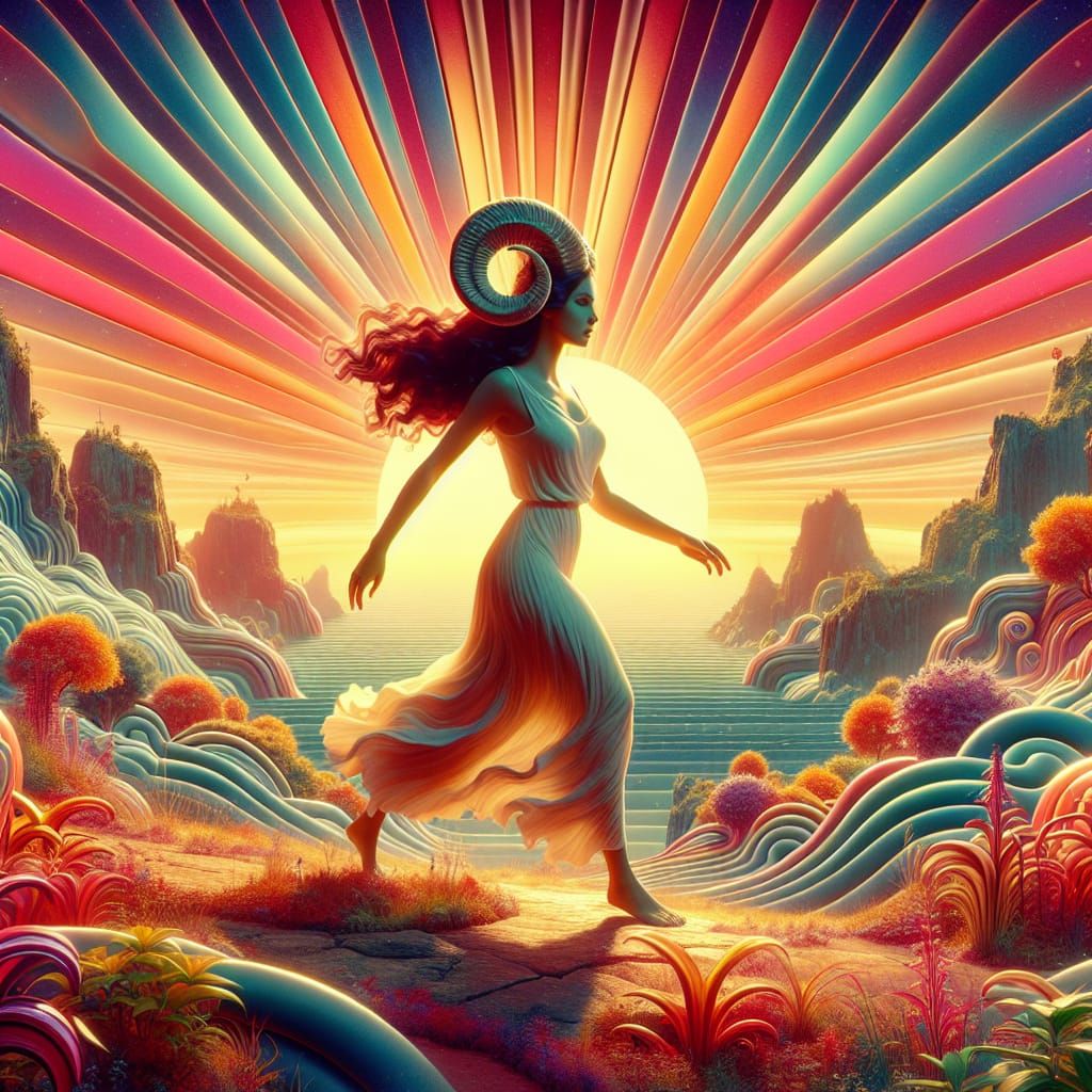 Aries Woman in Surreal Heaven and Hell Landscape