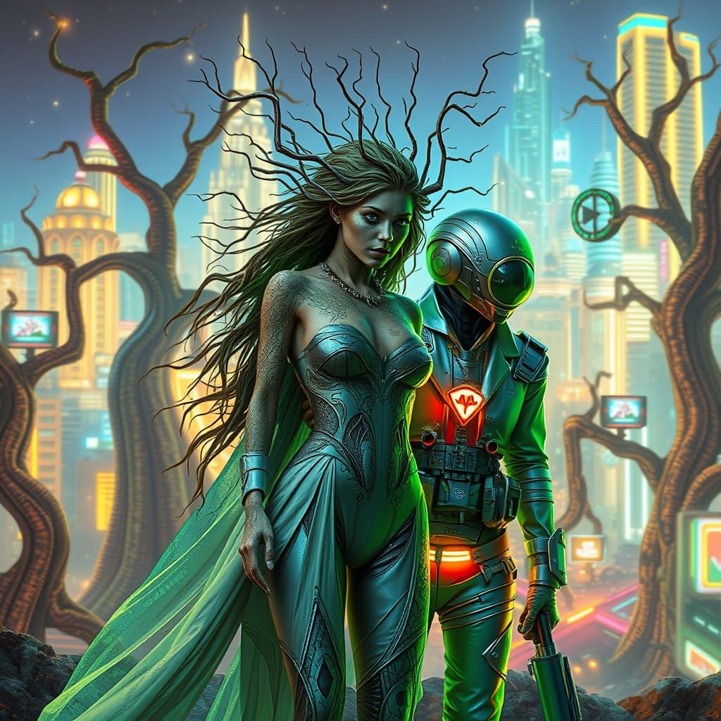 Ethereal Dryad Meets Retro-Futuristic Doctor in Digital Glit...