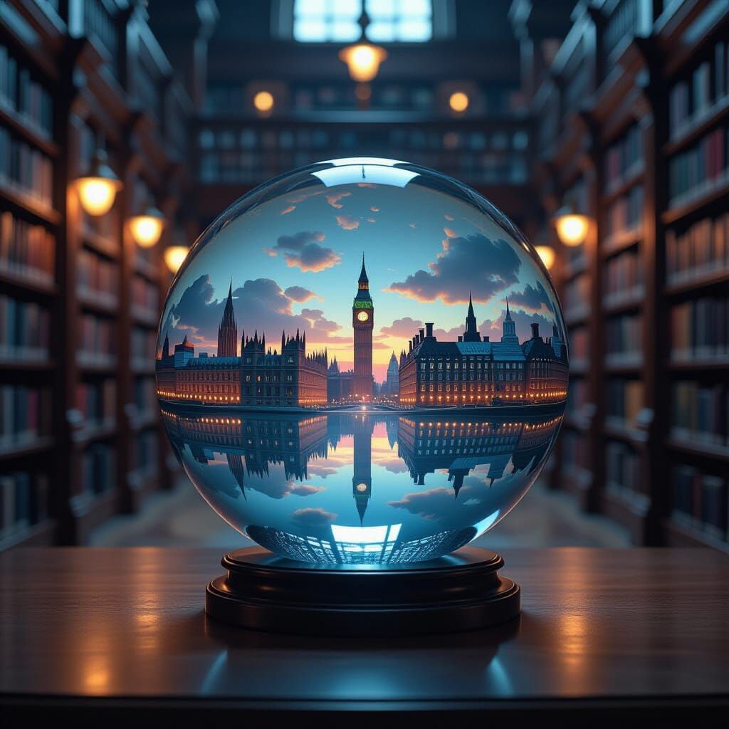 Sphere with Cityscape Double Exposure in Library, Painterly ...