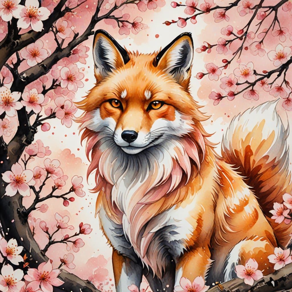 Surreal Cherry Blossom Fox in Watercolor Style