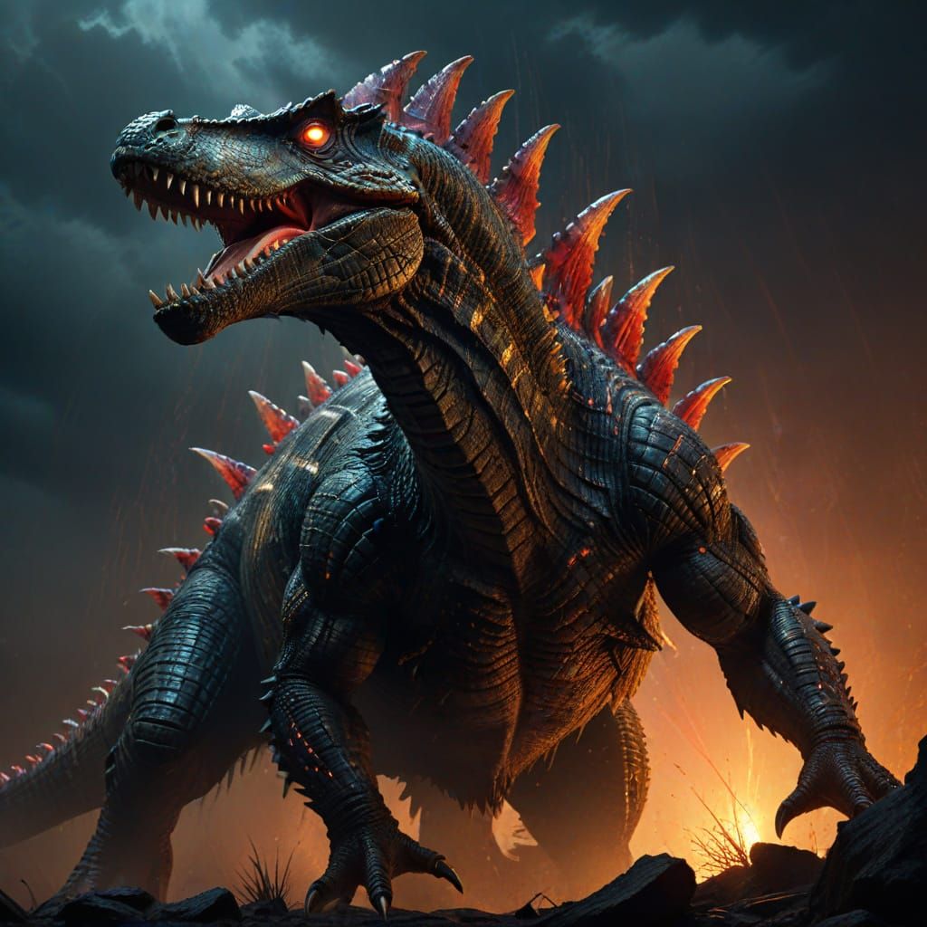 Crocodile Spinosaurus Hybrid Attack in Dark Fantasy Style