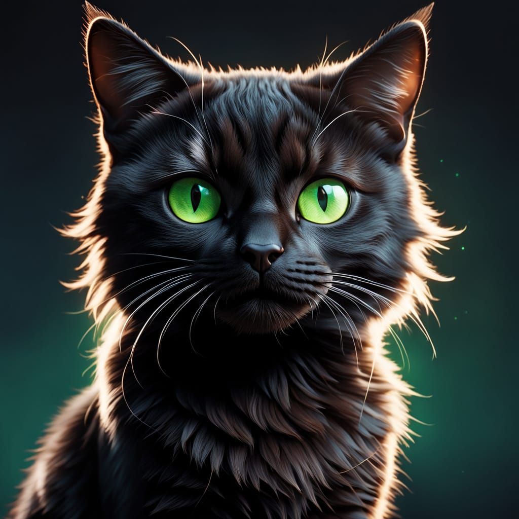 Friendly Black Cat Mascot with Vibrant Lime-Green Eyes