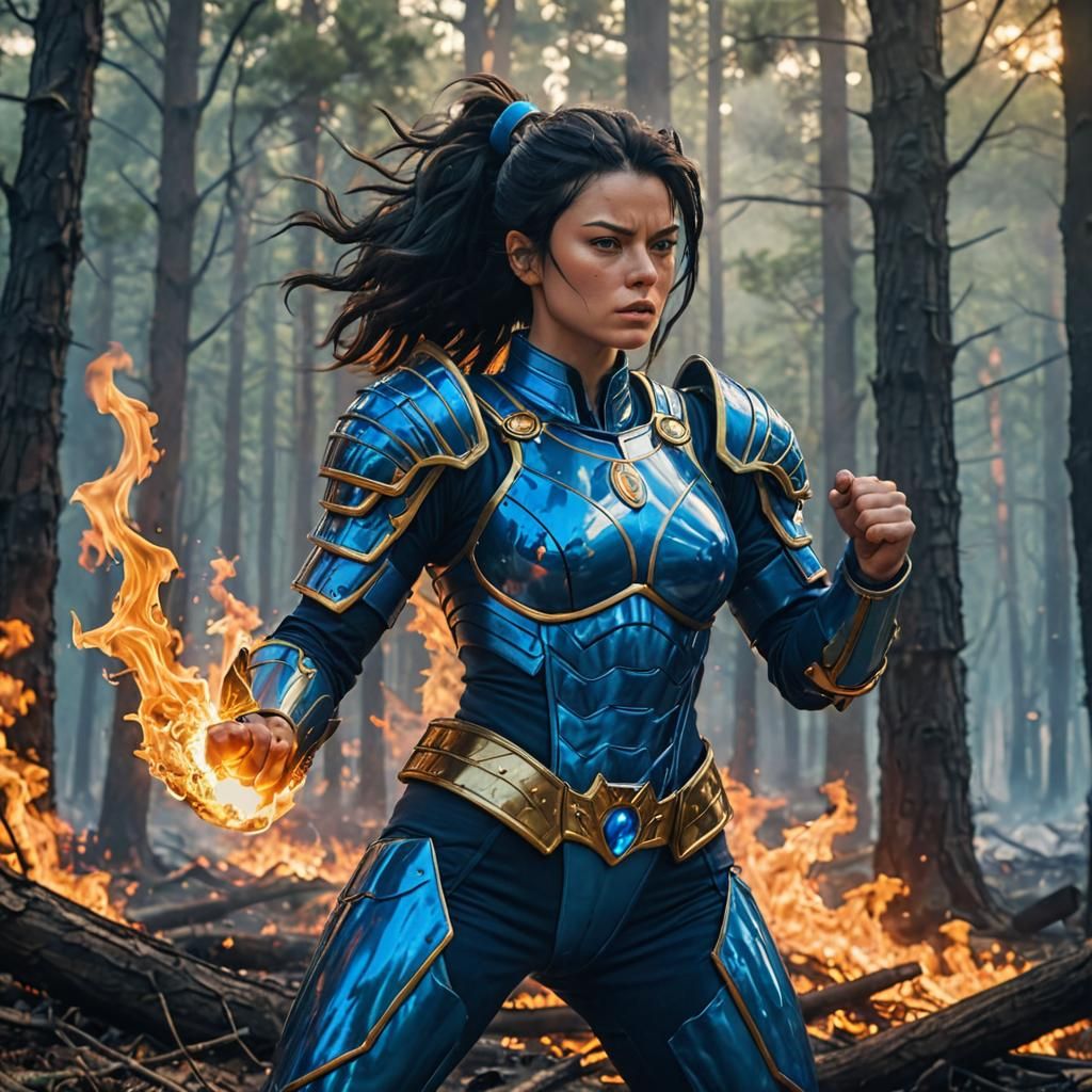 Fiery Female Warrior in Burning Forest, Surreal Sci-Fi