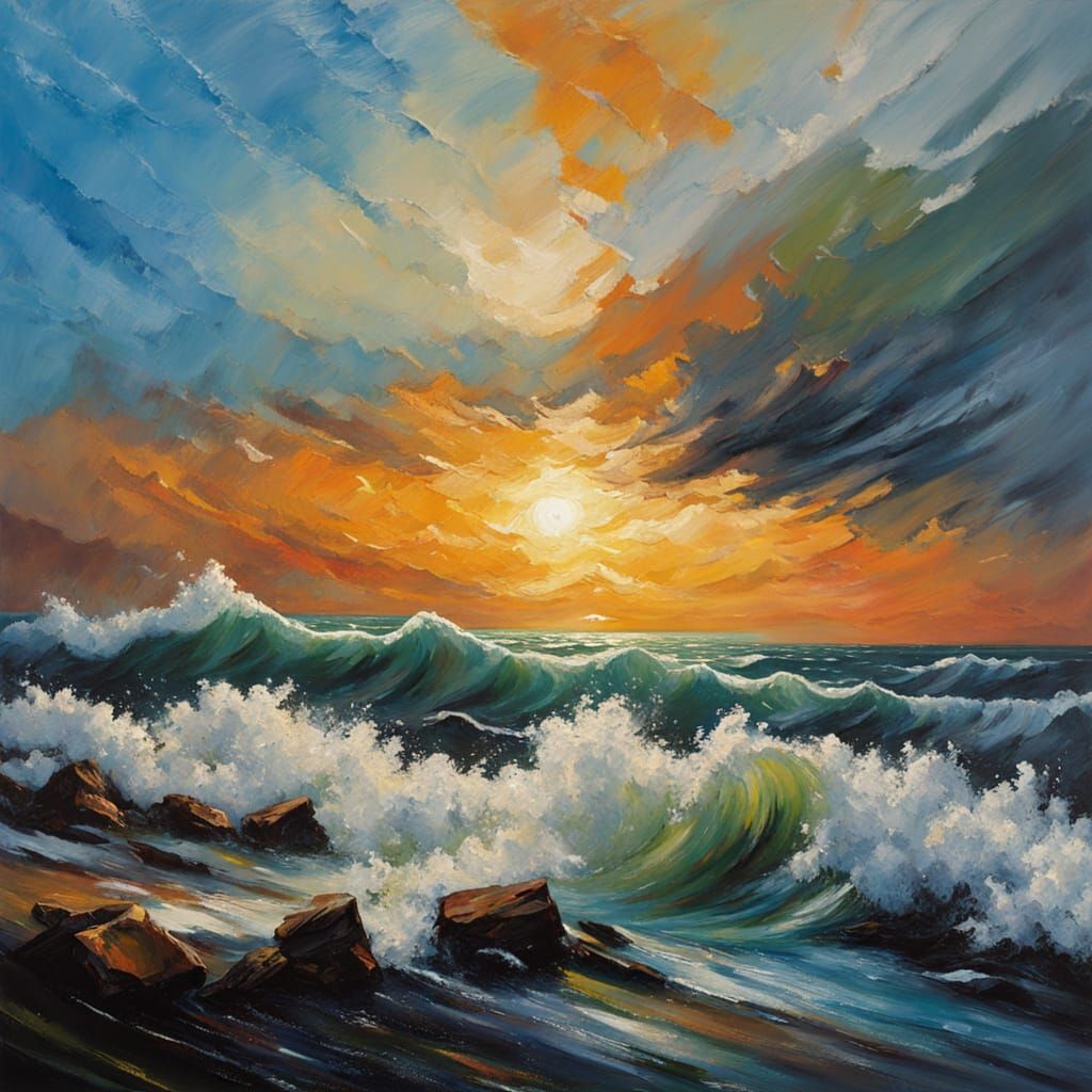 Impressive Ocean Waves in Thick Impasto