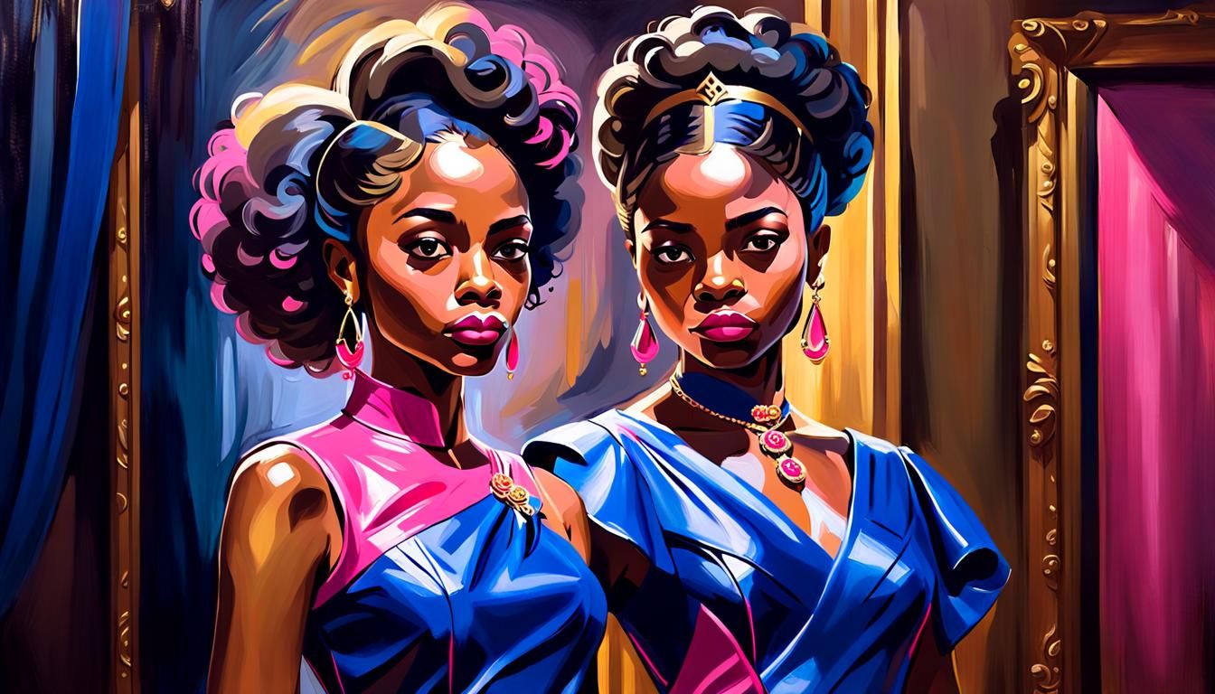 Regal Black Woman in Royal Blue and Pink Leather Cocktail Dr...