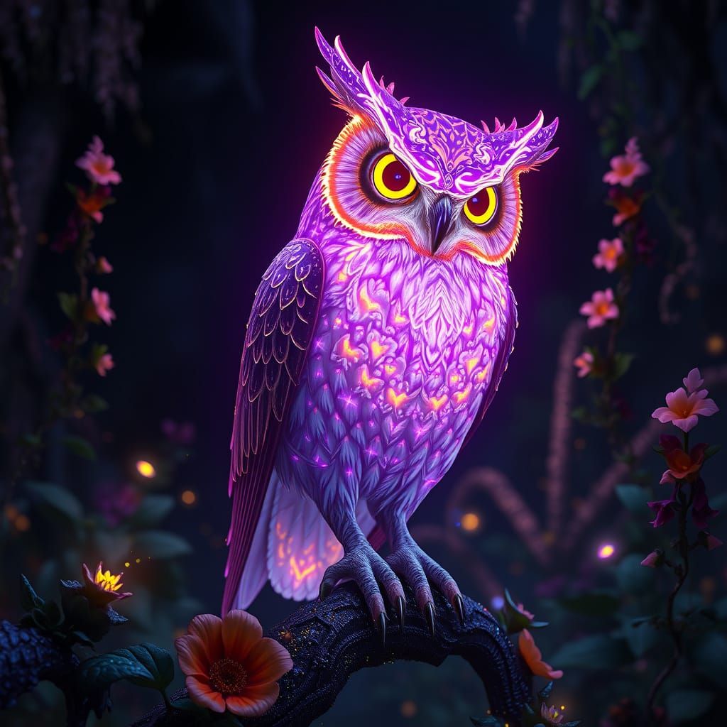 Ethereal Bioluminescent Owl in Mystical Garden
