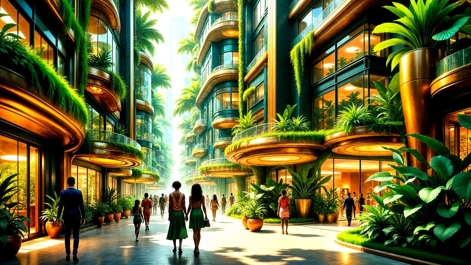 Ecopunk Cityscape In Green & Gold...