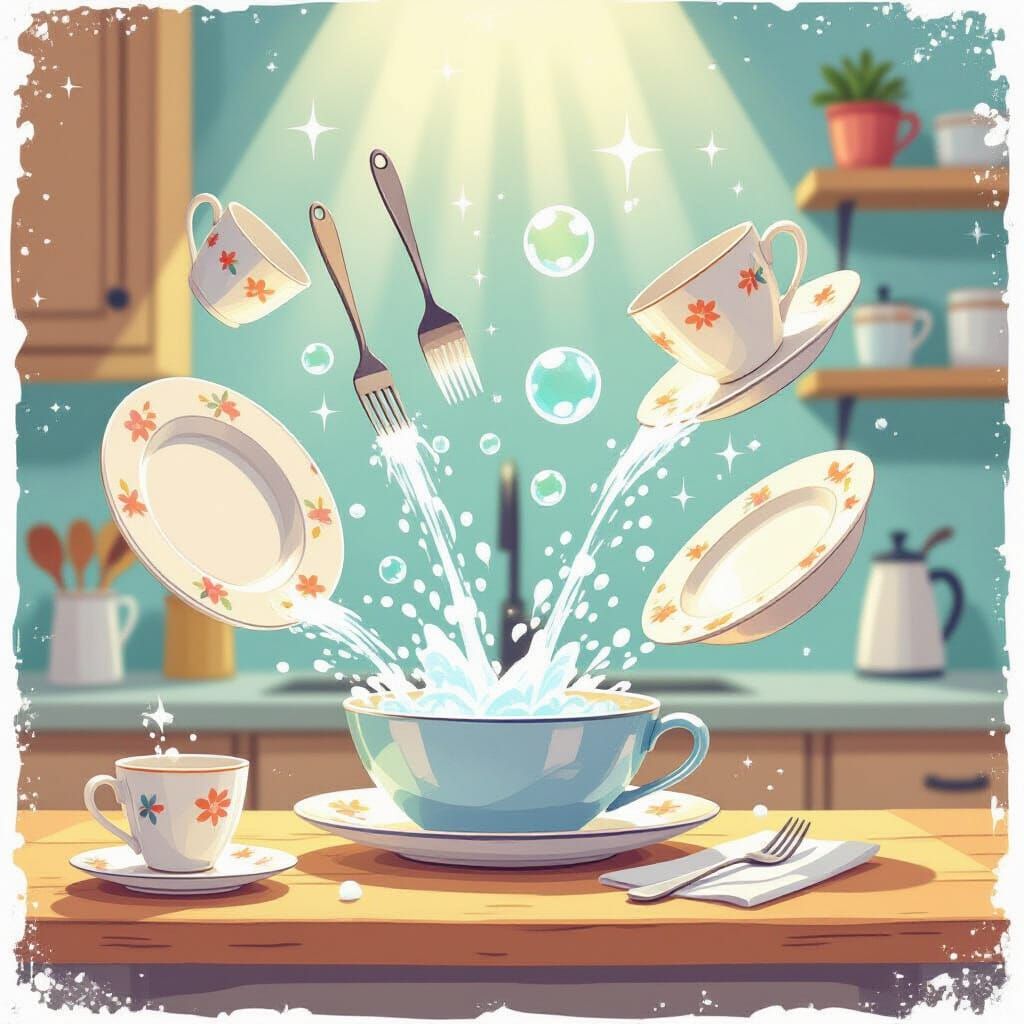Magical Kitchen Scene: Dishes Wash Themselves