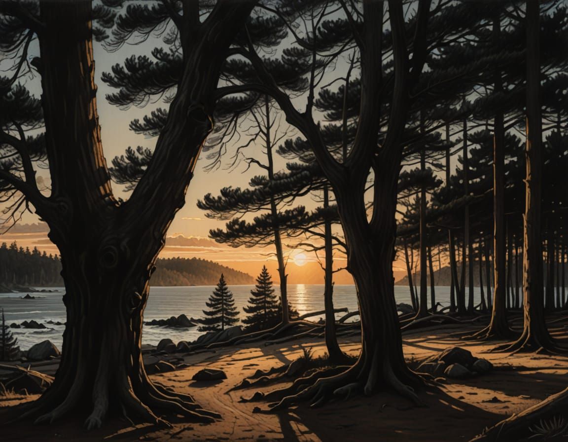 Pine Forest by the Sea at Sunset, Charcoal Drawing