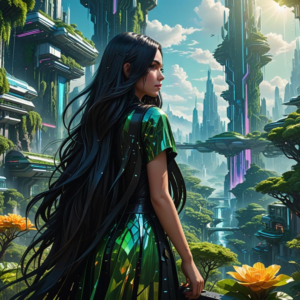 Brunette Covered in Hair in Utopian World