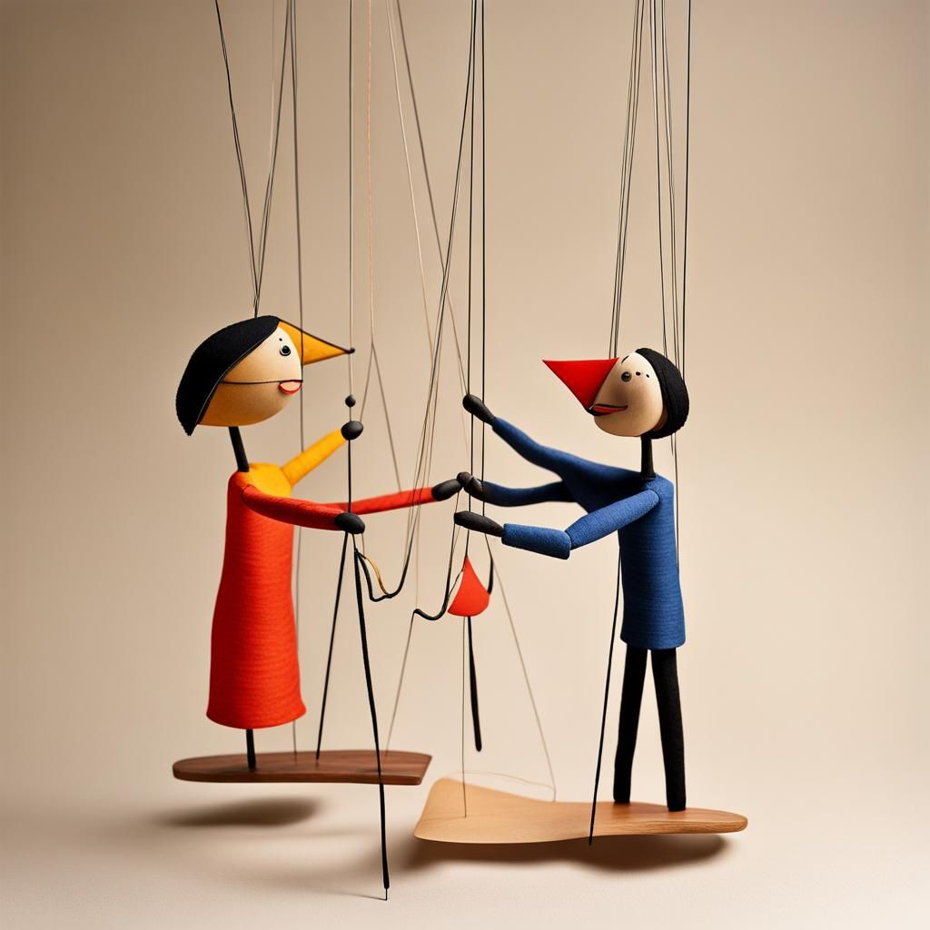 16k resolution, art by Tony Sarg and Alexander Calder. A whimsical string puppet lending a helping hand to a fellow mari...