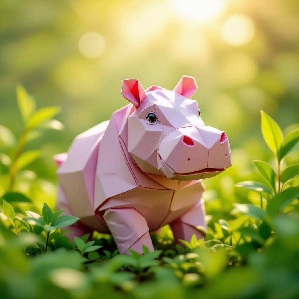 Vibrant Origami Hippo in Impressionist Style