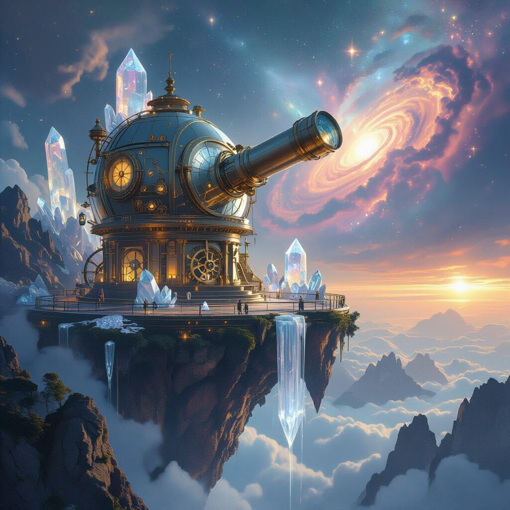 Imagine a serene clockpunk observatory nestled atop a floati...