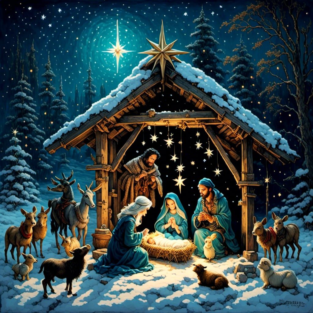 Christmas Nativity Scene Oil Painting with Star